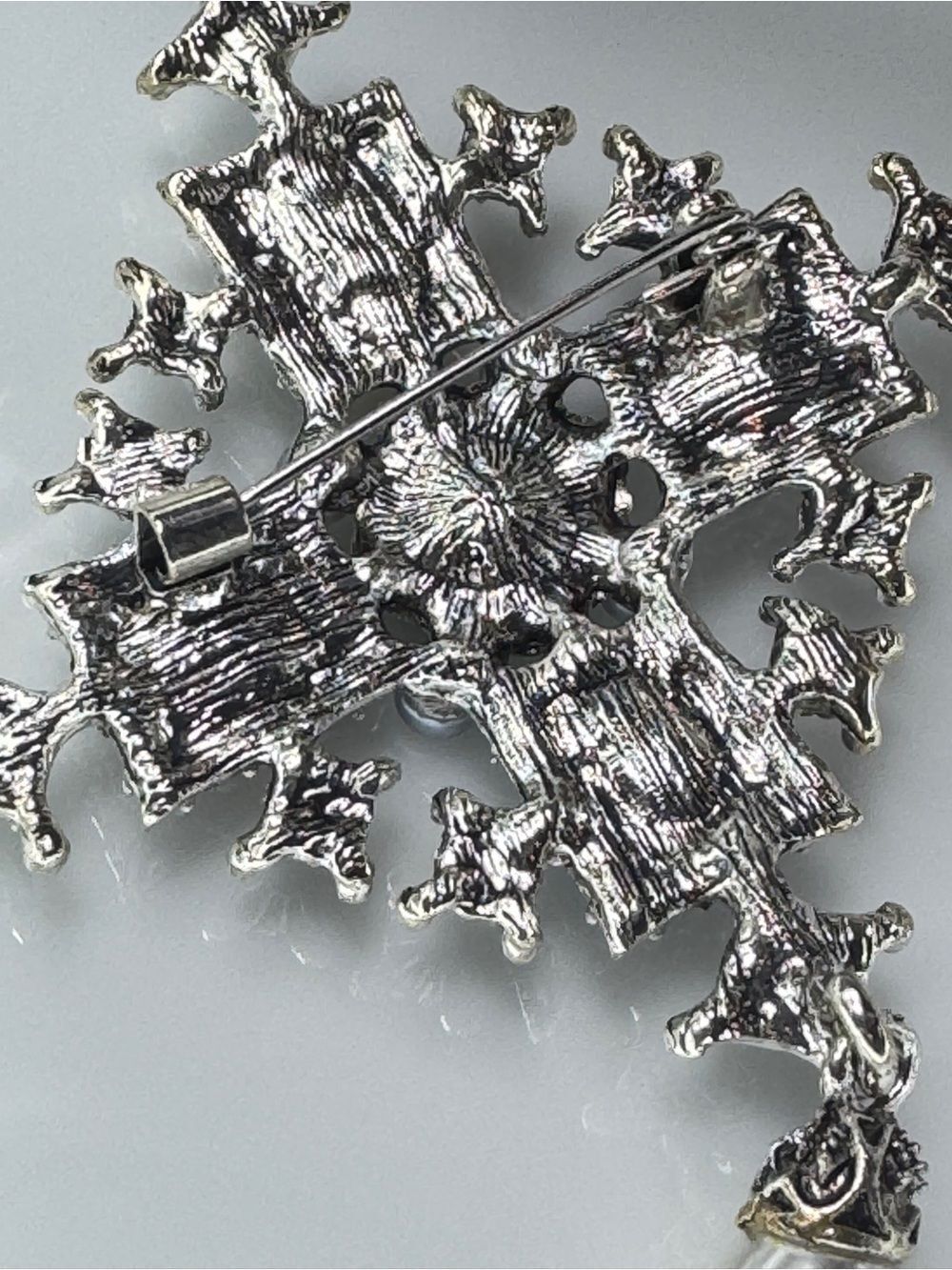 Multicolor Gem Cross Pendant Brooch with Pearl Drop - Picture 6 of 8